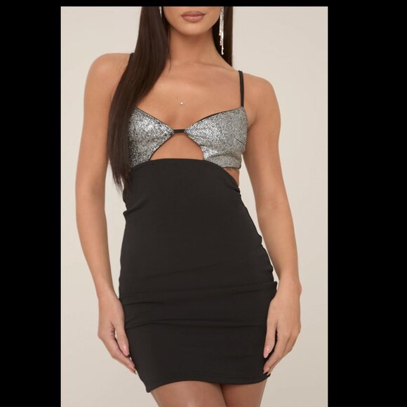 Black Cut Out Sparkle Mini Dress Size Small Bodycon Party Special Occasion - Picture 15 of 15
